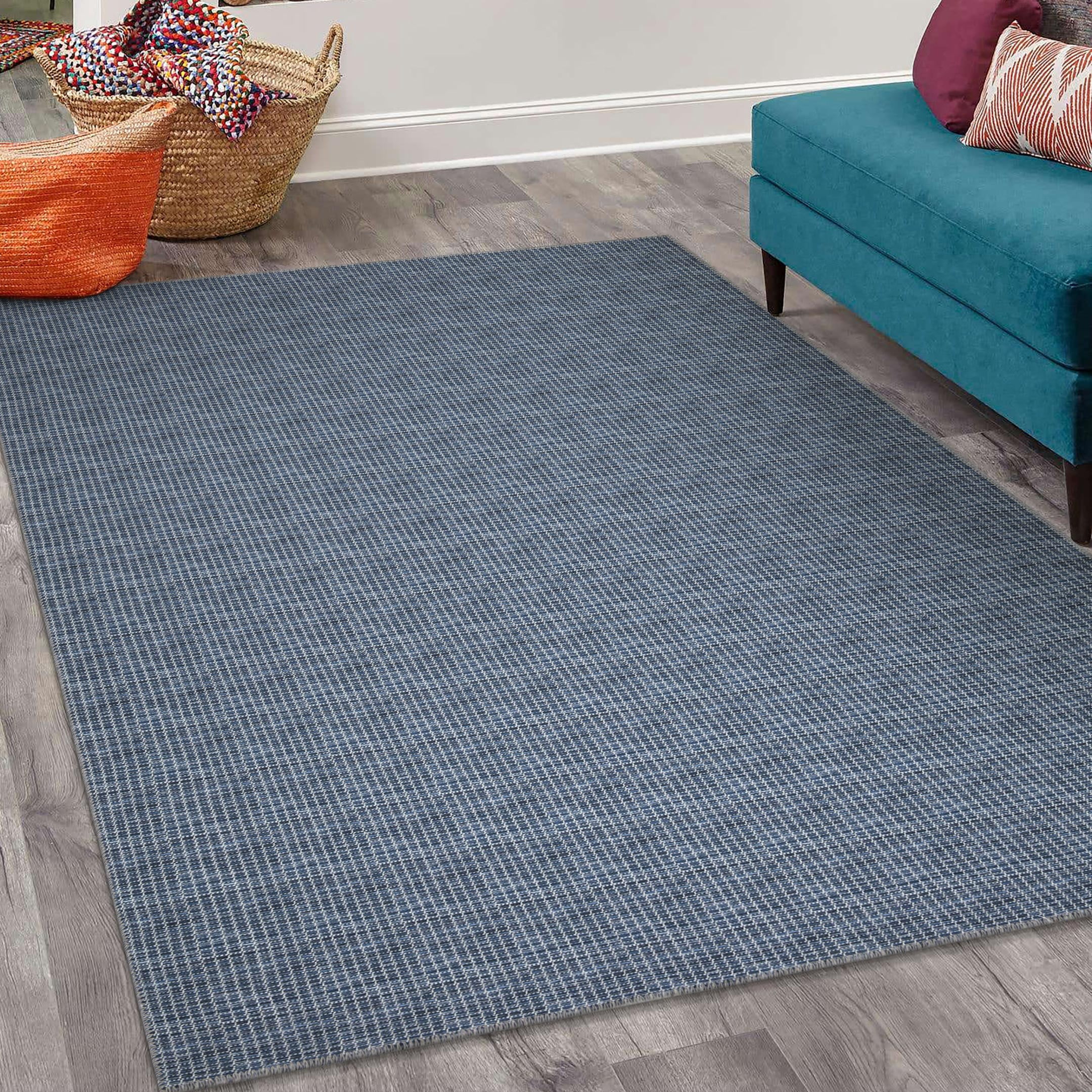 Ottomanson Machine Washable Cotton 5x7 Flatweave Area Rug for Living Room, 5' x 7', Navy Wicker Weave