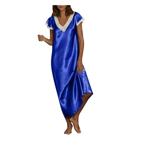 

CZHJS Women s Trendy Slip Nightgowns Sleepwear Clearance Cap Sleeve Lace Stiching V Neck Chemise Floor Length Satin Dress Fashion Vacation Dresses Flowy Summer Trendy Dresses Solid Color Blue M