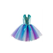 Boiiwant Toddler Kid Girl Tulle Tutu Gown Mermaid Scale Pattern Sleeveless Patchwork Hem Tie-Up Halter Party Dress with Headband (Pink Purple,2-12 Years)