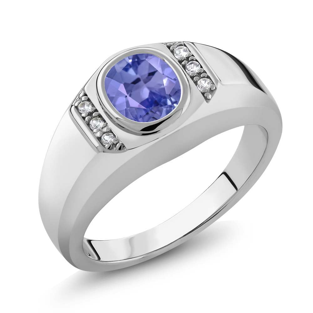 1.22 Ct Oval Blue Tanzanite White Created Sapphire 925 Silver Men's Ring by