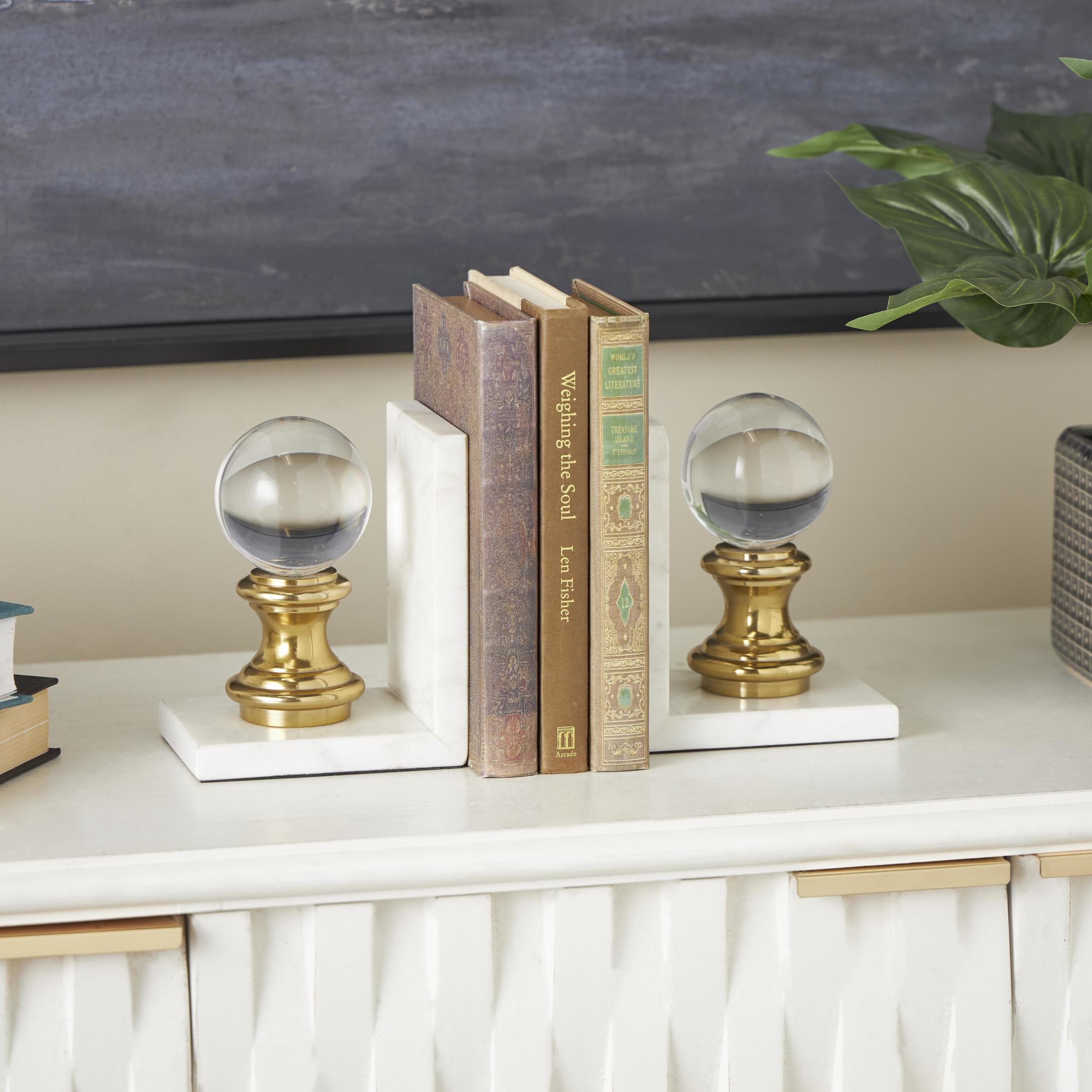 DecMode 5" White Marble Bookends with Glass Orbs and Gold Accents (Set of 2)