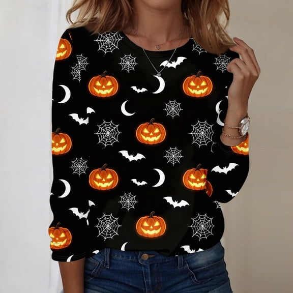 IYYVV Halloween Shirts for Women Long Sleeve Crewneck Casual Dressy Tops Funny Ghost Pumpkin Graphic Fall Fashion Top Watermelon Red XL