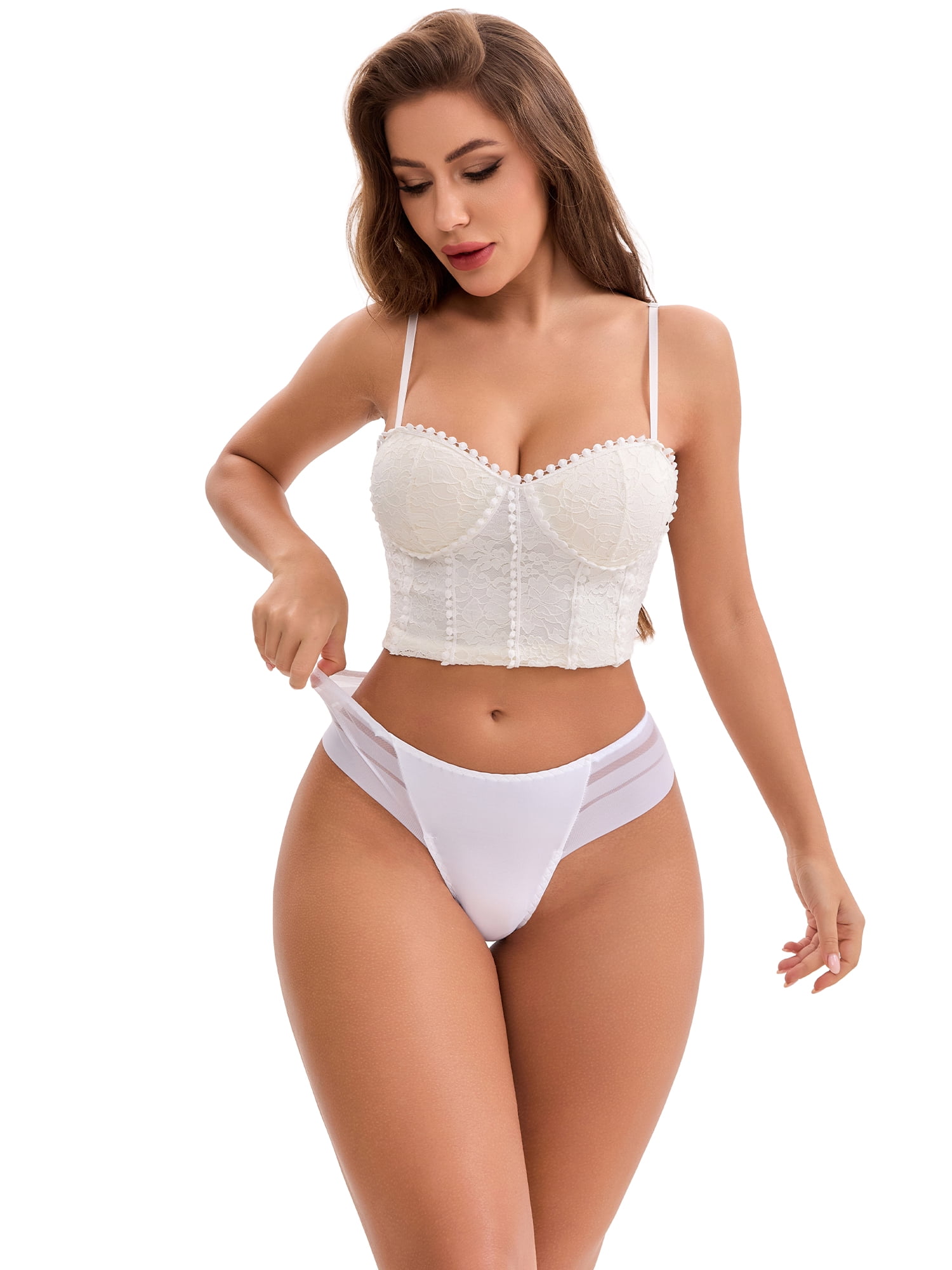 DARING DIVA Women's Plus Low Rise Ice Silk Lace Thong Seamless Underwear L White