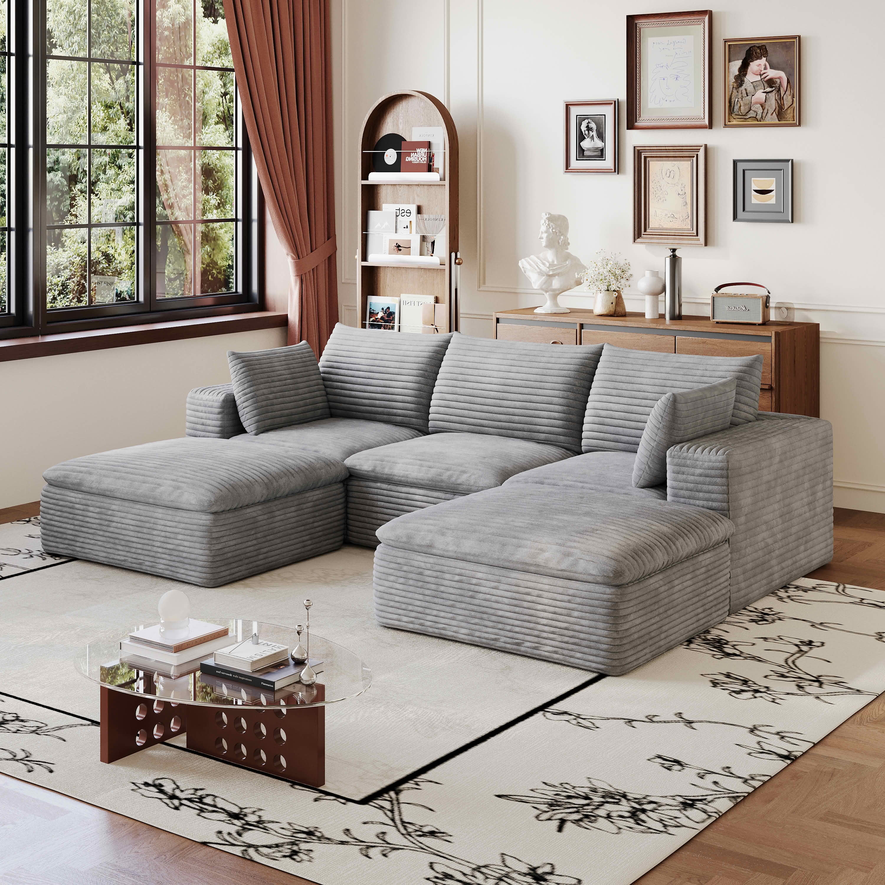MAYEERTY 102.4 Inch Cloud Modular Sofa, Corduroy Deep Seat Couch with Double‑Layer Removable Cushions, No‑Assembly DIY Combination Sponge Sofa for Living Room Bedroom Conference Room Apartment