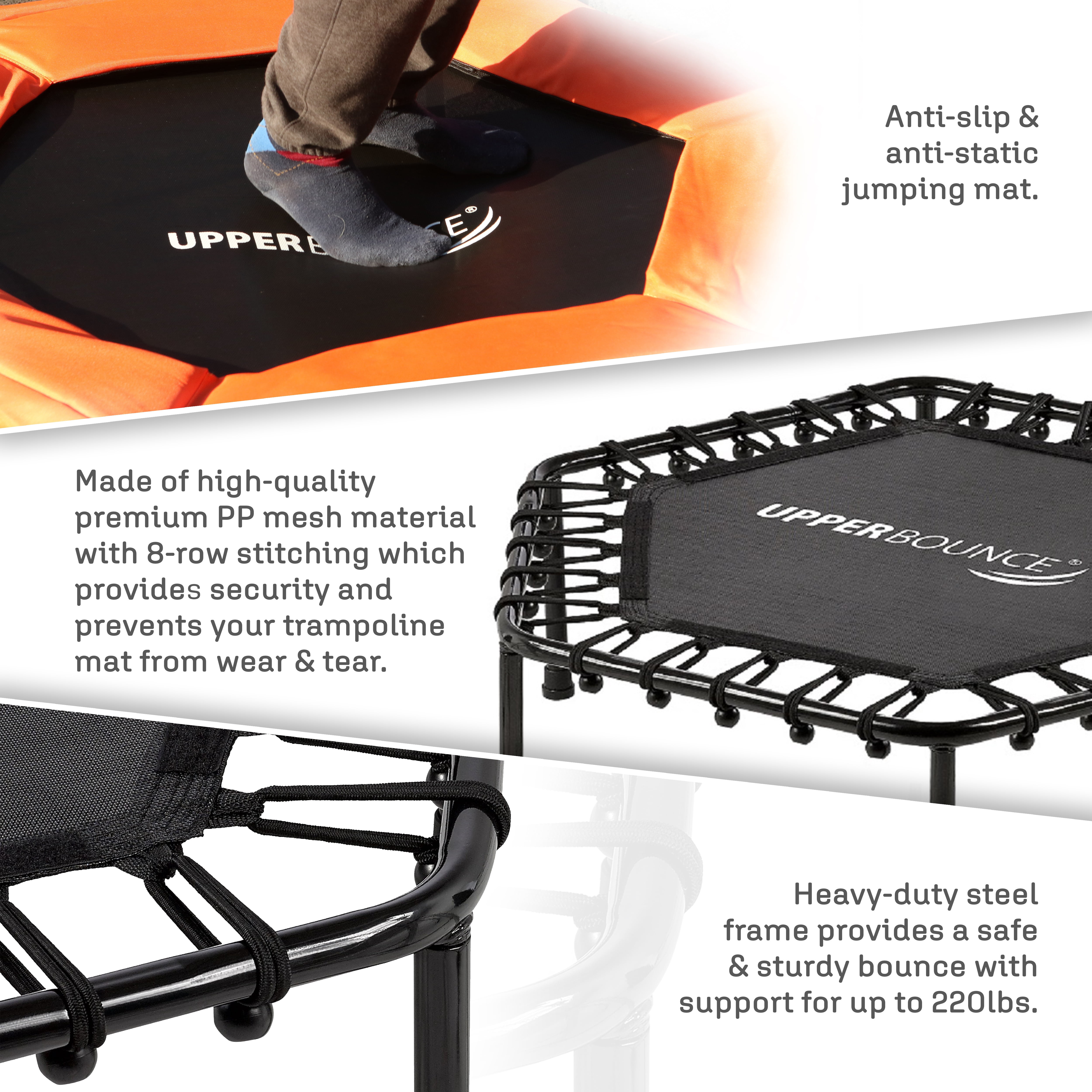 Upper Bounce 50" Mini Trampoline with Adjustable T-Shaped Handrail – Hexagonal Rebounder Fitness Trampoline for Kids & Adults - Orange