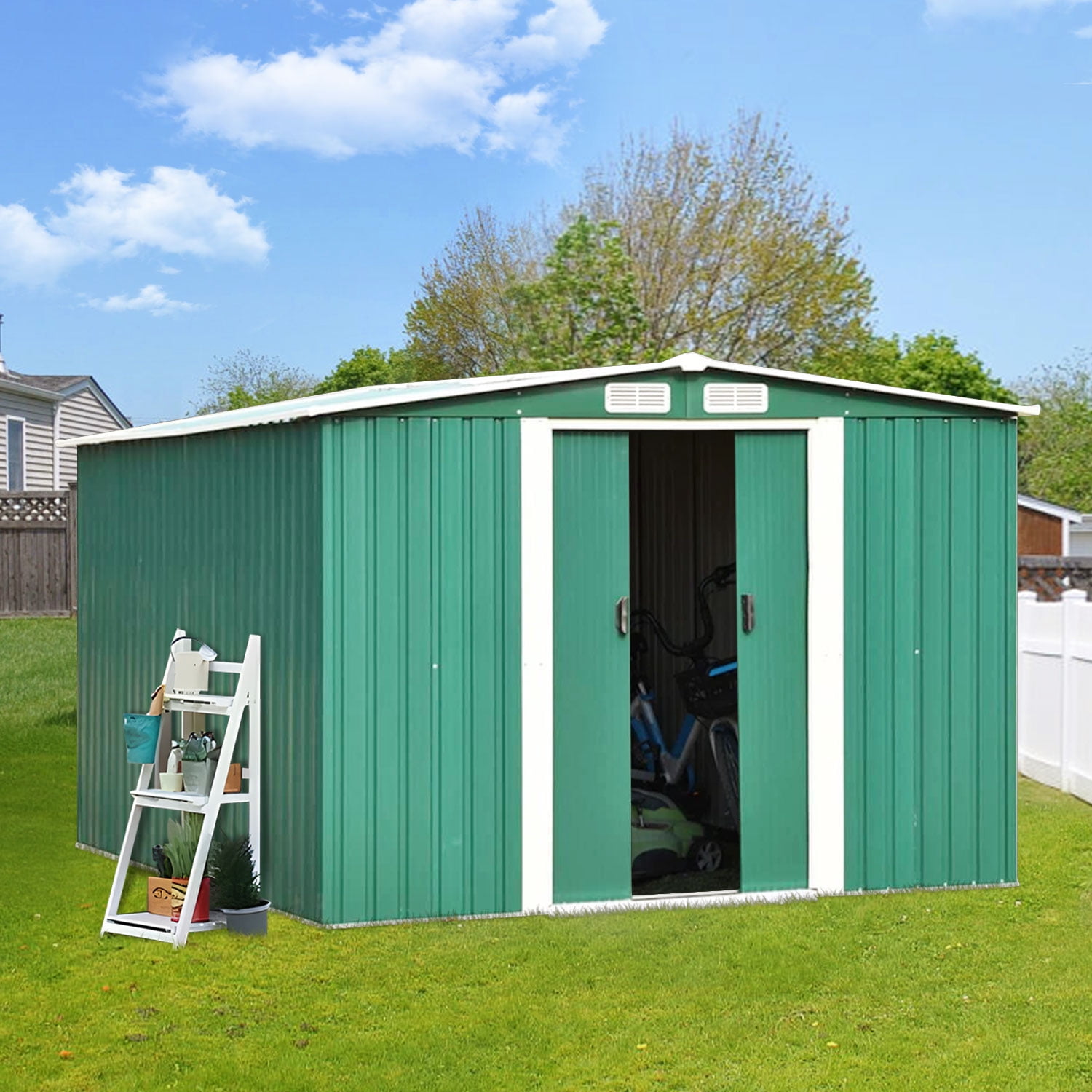8x10 FT Outdoor Metal Storage Shed, Steel Garden Shed with Sliding Door