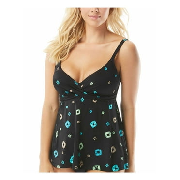 CONTOURS Women's Black Printed Stretch Deep V Neck Adjustable Tankini Swimsuit Top 8 32D