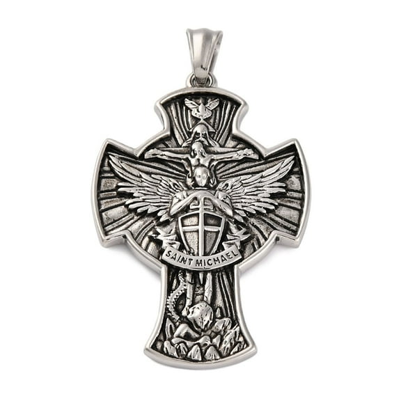 304 Stainless Steel Big Pendants Cross with Sword of Saint Michael the Archangel Charm Antique Silver 55x36x5mm Hole: 9x5mm