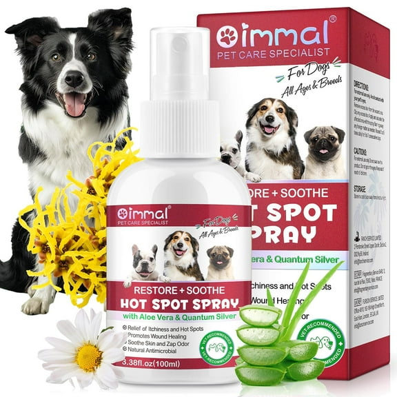 Oimmal Hot Spot Spray for Dogs - Soothing Itch Relief with Aloe Vera & Quantum Silver | Promotes Wound Healing & Odor Control | 3.38 fl oz