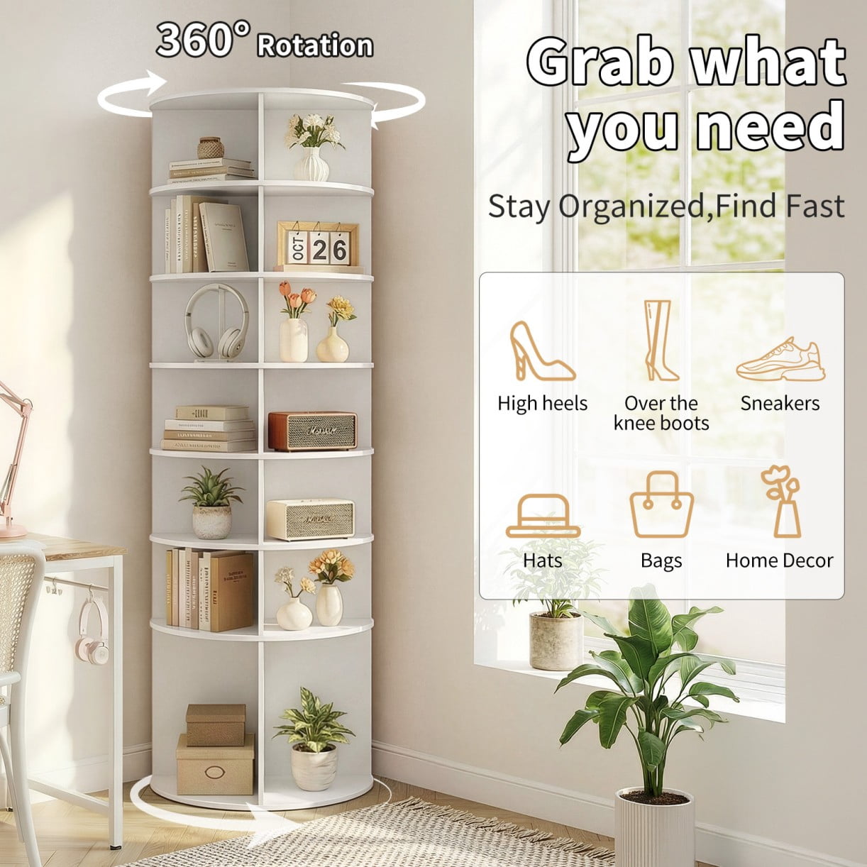 Hassch 7-Tier Rotating Shoe Rack, 360° Revolving Corner Organizer Tower for Bedroom Entryway Closet, Holds 28-32 Pairs of Shoes Handbags Hats Display Decor (White)