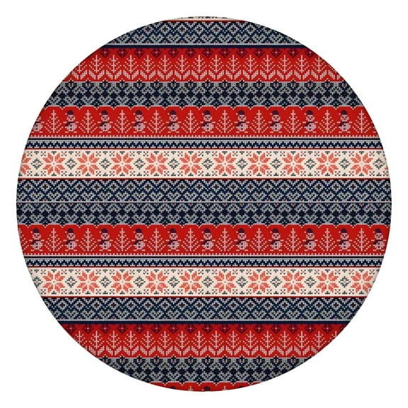 Red and Blue Christmas Knitted Pattern Round Fitted Tablecloth with Elastic Edge,Dining Table Cover Waterproof,Outdoor Round Tablecloth for Camping,Dining,Indoor and Outdoor