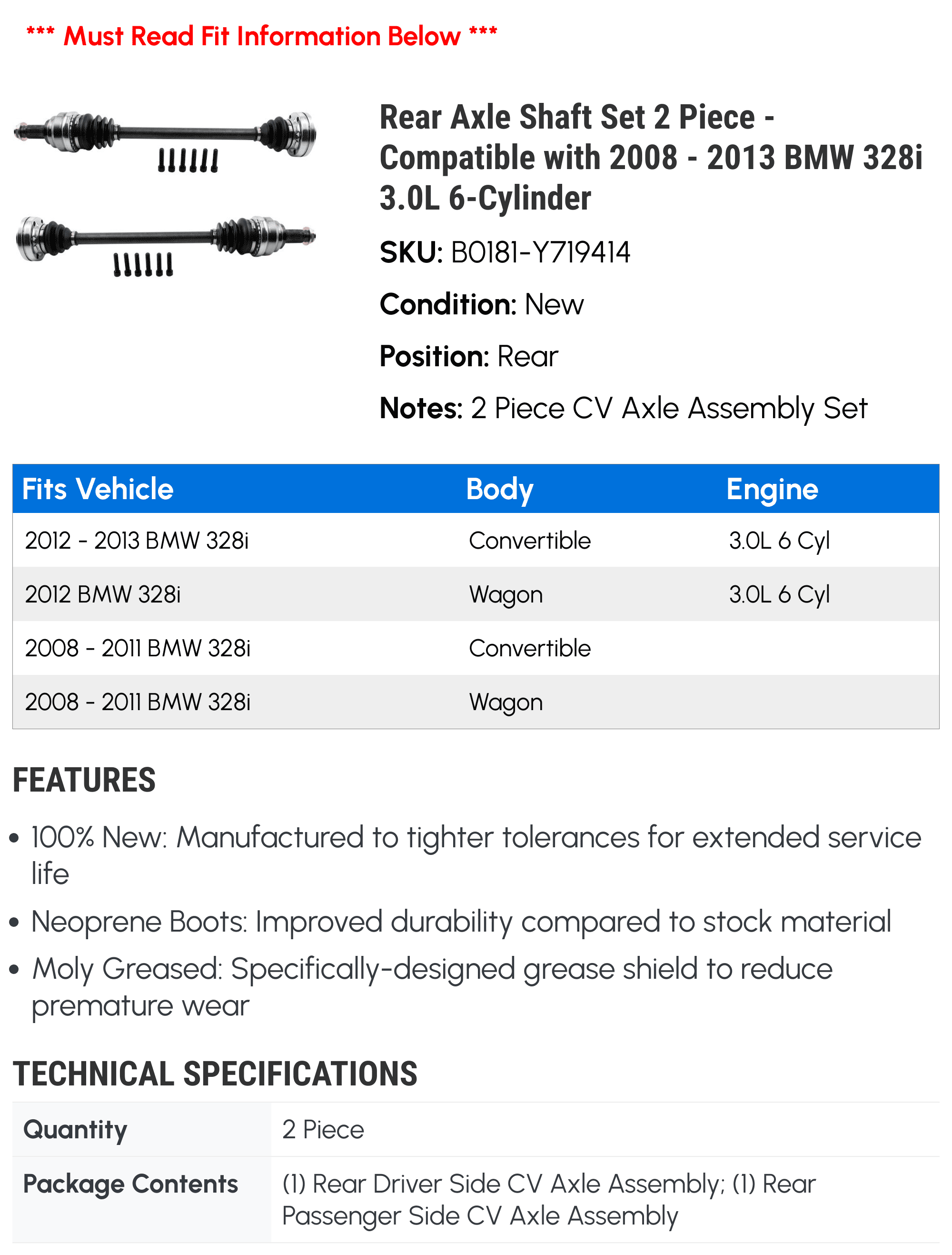 Rear Axle Shaft Set 2 Piece - Compatible with 2008 - 2013 BMW 328i 3.0L 6-Cylinder 2009 2010 2011 2012