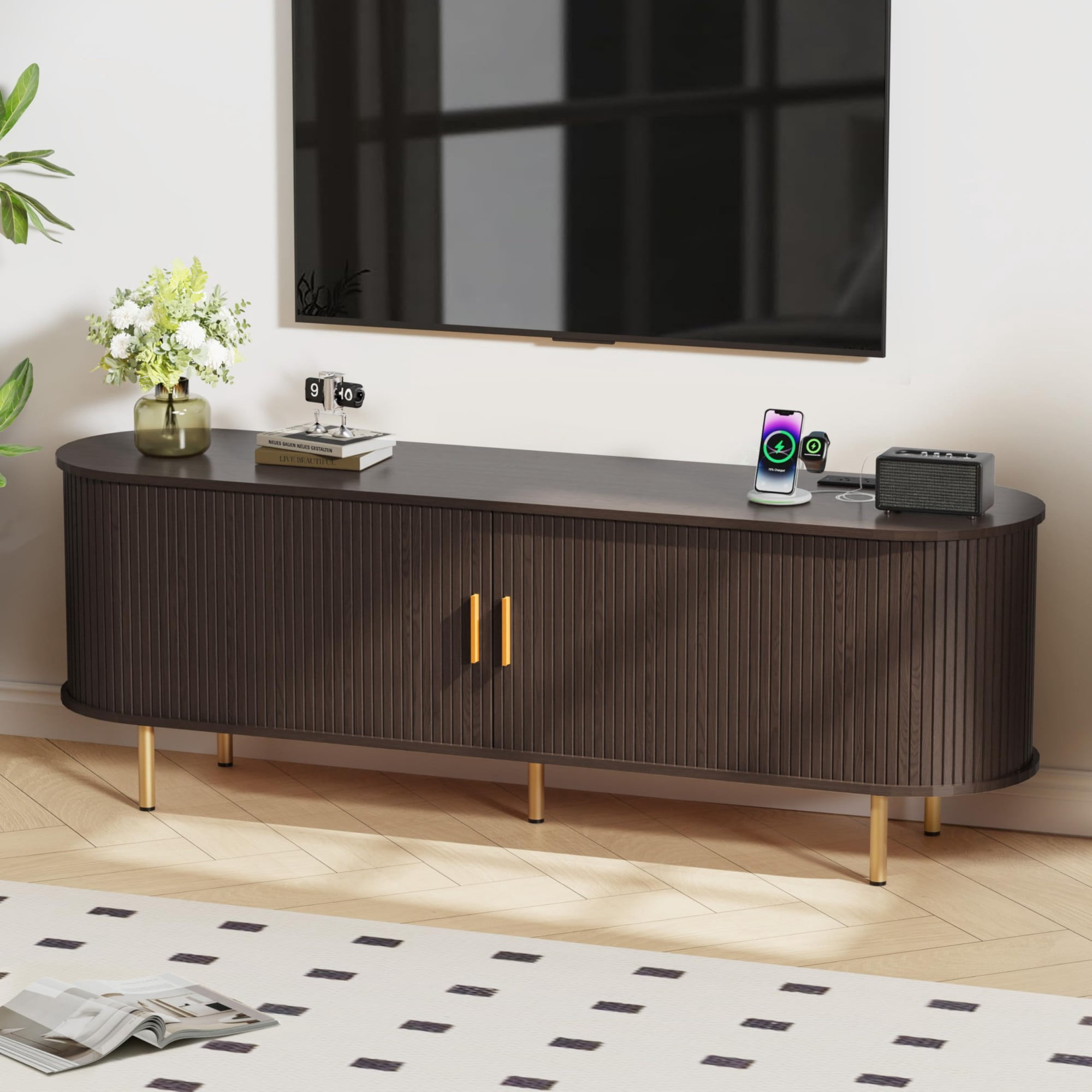 63 Inch Mid Century Modern TV Stand with Power Outlet, Fluted Media Console with Sliding Doors for TVs up to 70 Inch, Coffee