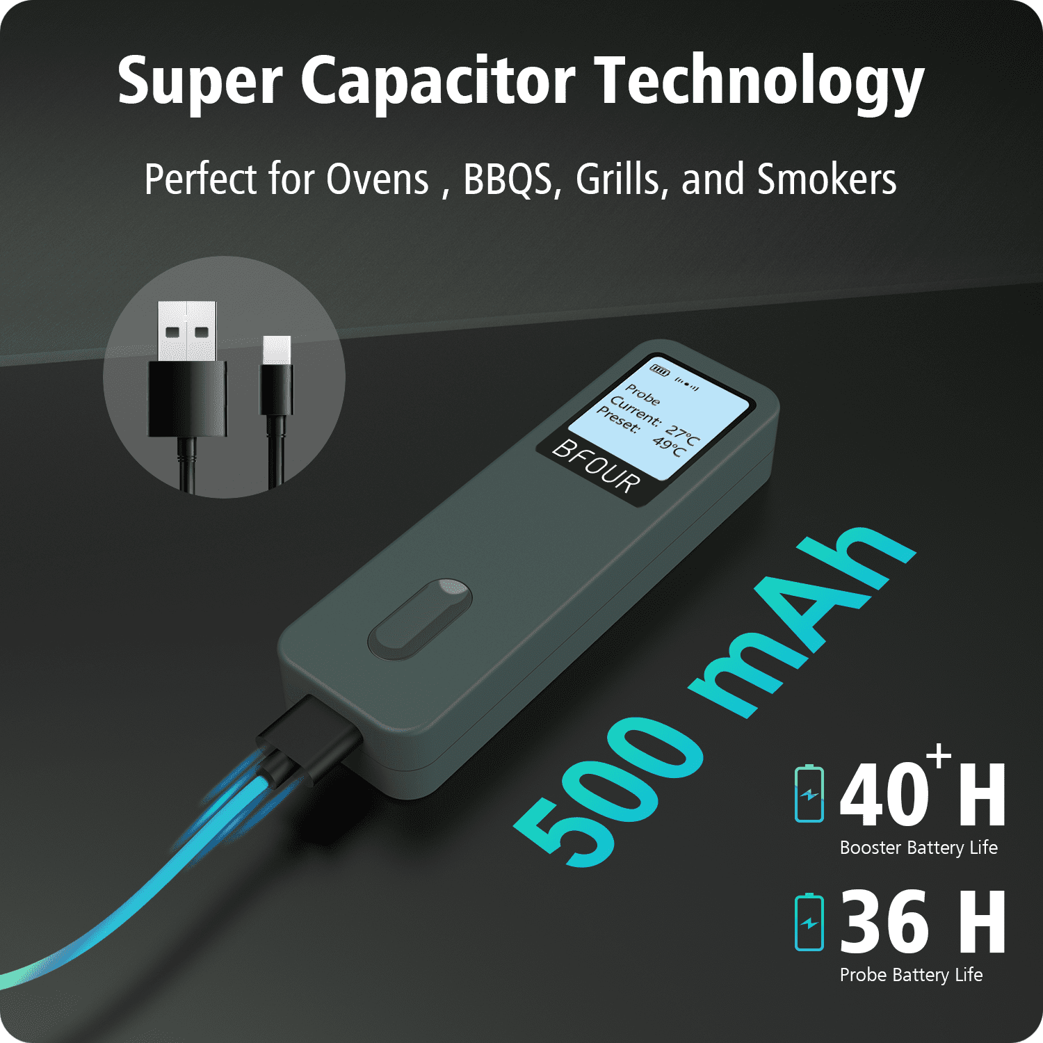 BFOUR Wireless Meat Thermometer with Bluetooth for Smoker,BBQ, Oven, Grill, Kitchen, Rotisserie