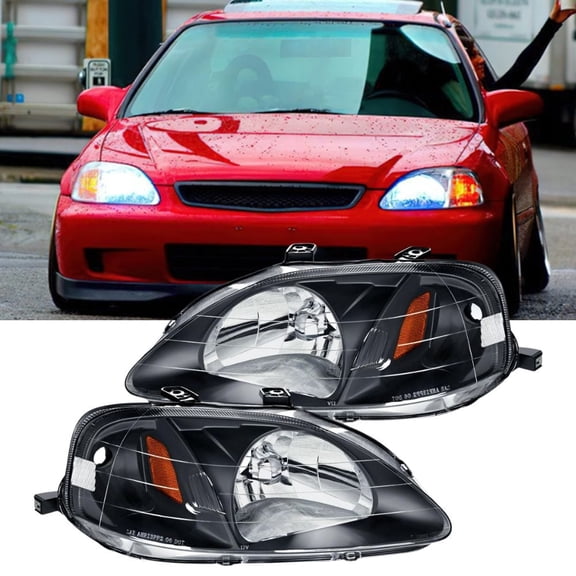 Nilight Headlight Assembly Compatible with 1999 2000 Honda Civic Headlamps Replacement Black Housing Amber Reflector Upgraded Clear Lens Driver and Passenger Side