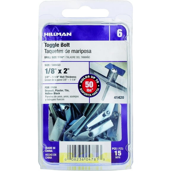 Hillman 1/8 in. Dia. x 2 in. L Round Steel Toggle Bolt 15 pk