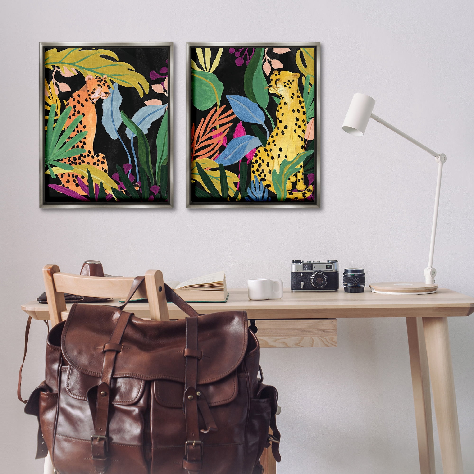 Stupell Industries Leopards & Tropical Leaves Animals & Insects Painting Gray Floater Framed Canvas Art Print Wall Art, 25 x 31, Set of 2