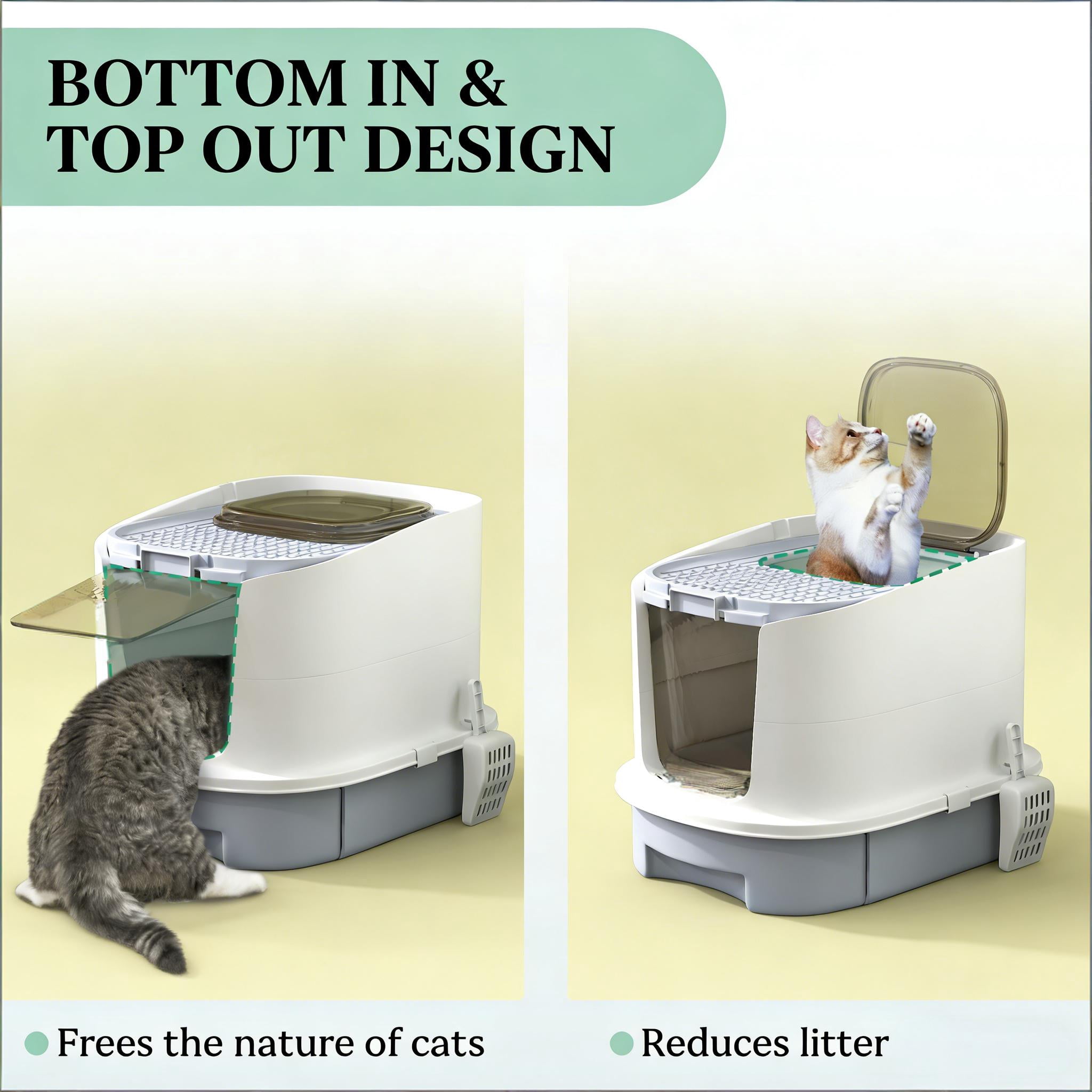 Covered Cat Litter Box with Front Entry Top Exit, Removable Drawer Easy Clean Litter Box with Scoop and 2 Deodorizing Bags, Reversible Door No Assembly Enclosed Cat Toilet for Cats Under 10 lbs