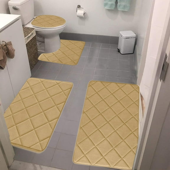 4-Piece Foam Bath Mat Set | Ultra Soft & Absorbent Velvet Fleece | Non-Slip Rubber Backing | Machine Washable | Modern Khaki | 16x24in, 16x20in, 15x17in Bathroom Rugs