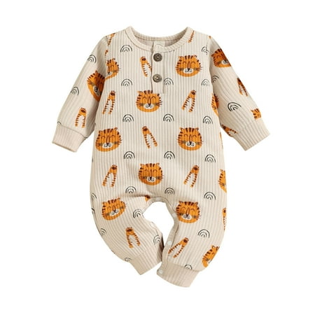 

Toddler Kids Baby Romper Boys Girls Long Sleeve Cartoon Prints Ribbed Jumpsuit Clothes Outfits For 3-6 Months