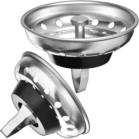 2 Pack - Kitchen Sink Strainer and Stopper Combo Basket Spring Clip Replacement for Standard 3-1/2 inch Drain, Stainless Steel Basket and Rod, Rubber Stopper Bottom