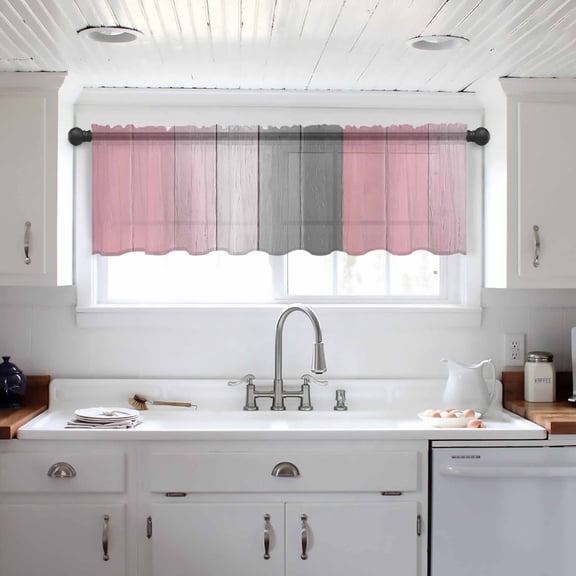 Pink Gray Ombre Valance Curtains for Kitchen/Living Room/Bathroom/Bedroom Window, Vintage Country Wooden Rod Pocket Small Topper Half Short Window Curtains Voile Sheer Scarf 60"x18"