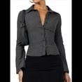 thumbnail image 3 of Camisas de Mujer con Botones, Larga A Rayas, Cuello, Blusas Informales de Trabajo, Conjuntos Modernos Gris L, 3 of 9
