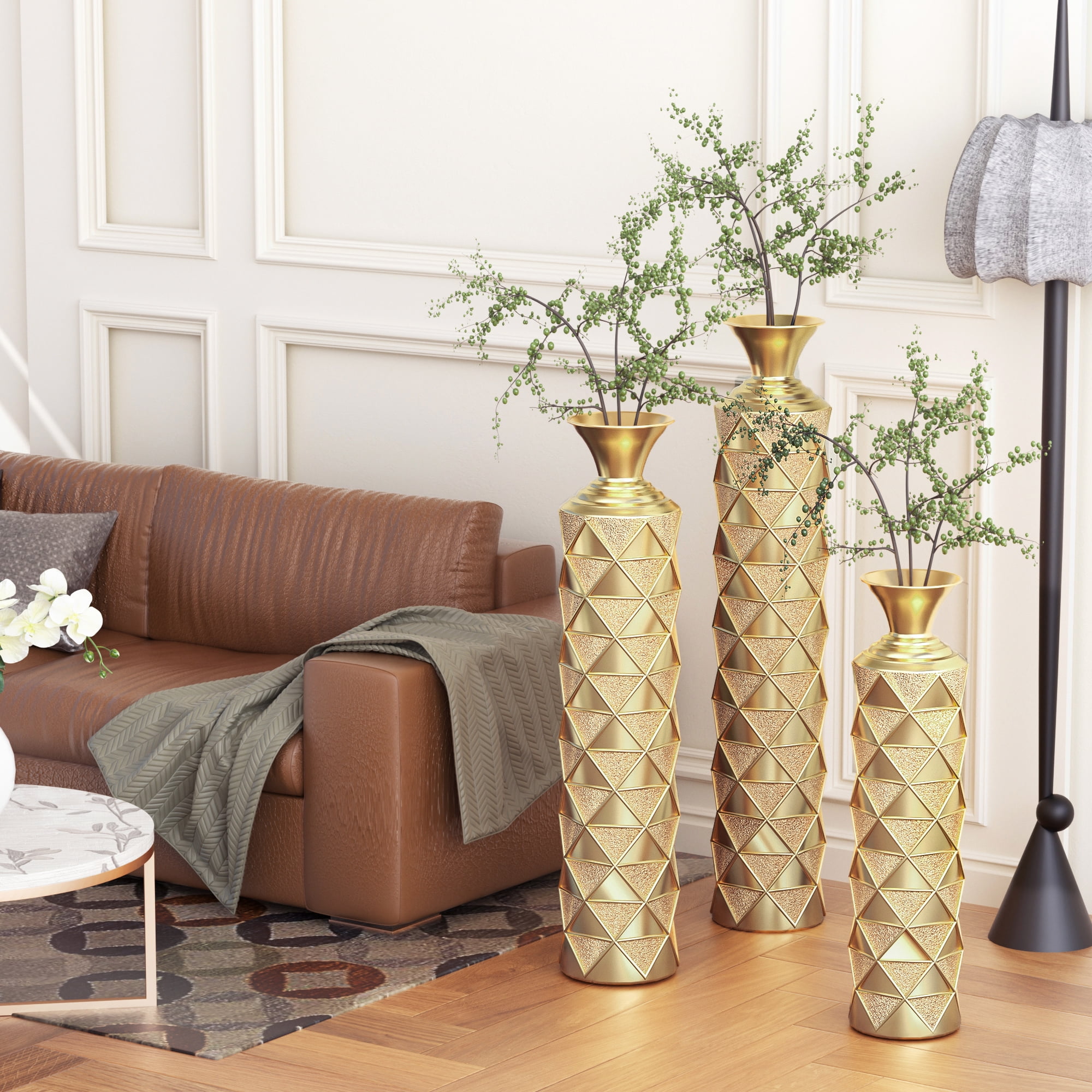 Aukfa Tall Floor Vase for Flowers,Set of 3 Large Metal Glazed Vase,24.5"/28.75"/33.5",Gold