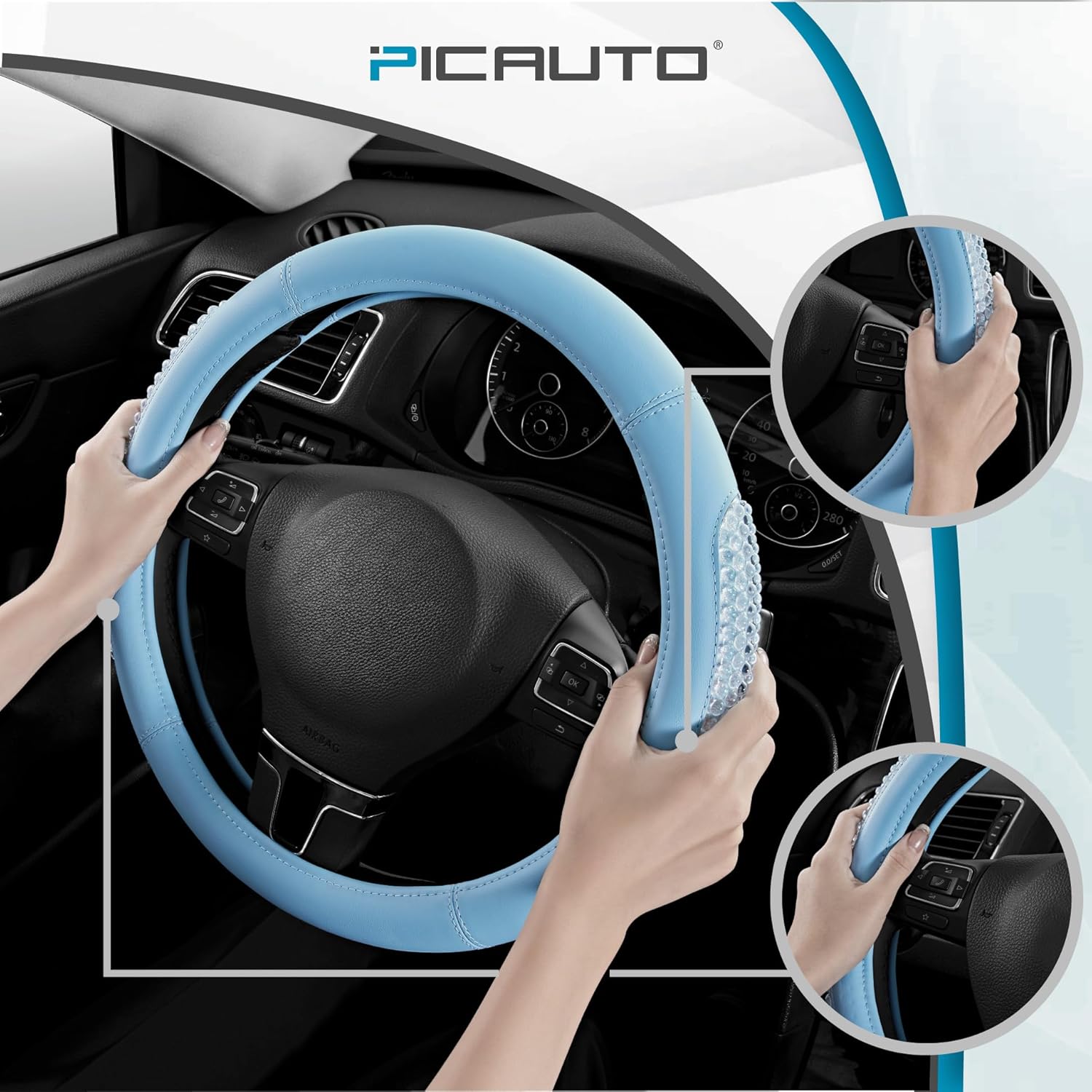 Gel Particles Steering Wheel Cover, Blue Luxury Leather Car Steering Wheel Protector, Universal Fit 14.5"-15.5" Anti-Slip Car Interior Accessories for Girls & Womenn