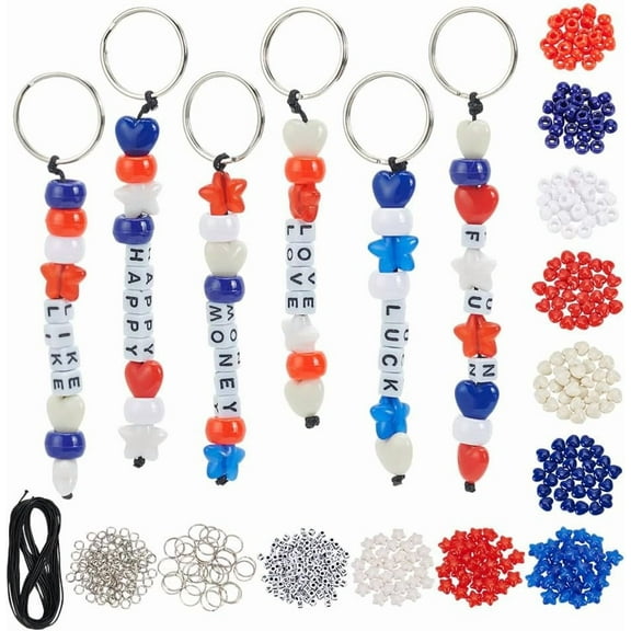 600 Pcs Beaded Keychain Making Kit Including Heart Star Acrylic Seed Beads Iron Split Key Rings and Polyester Cord