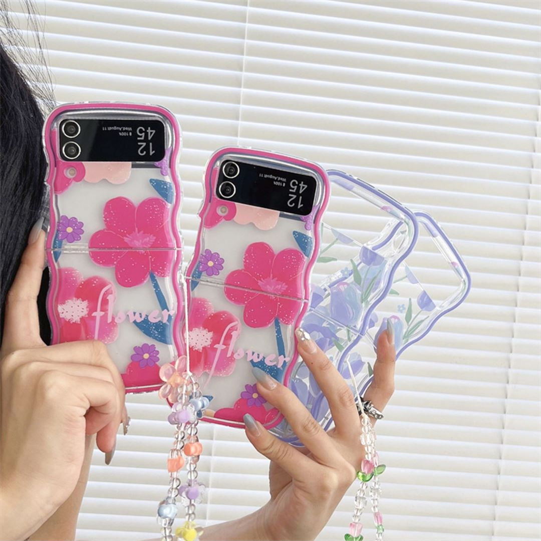 Compatible with Samsung Galaxy Z Flip 5 Clear Case with Lanyard Chain  Flower Transparent Shockproof Cover-C