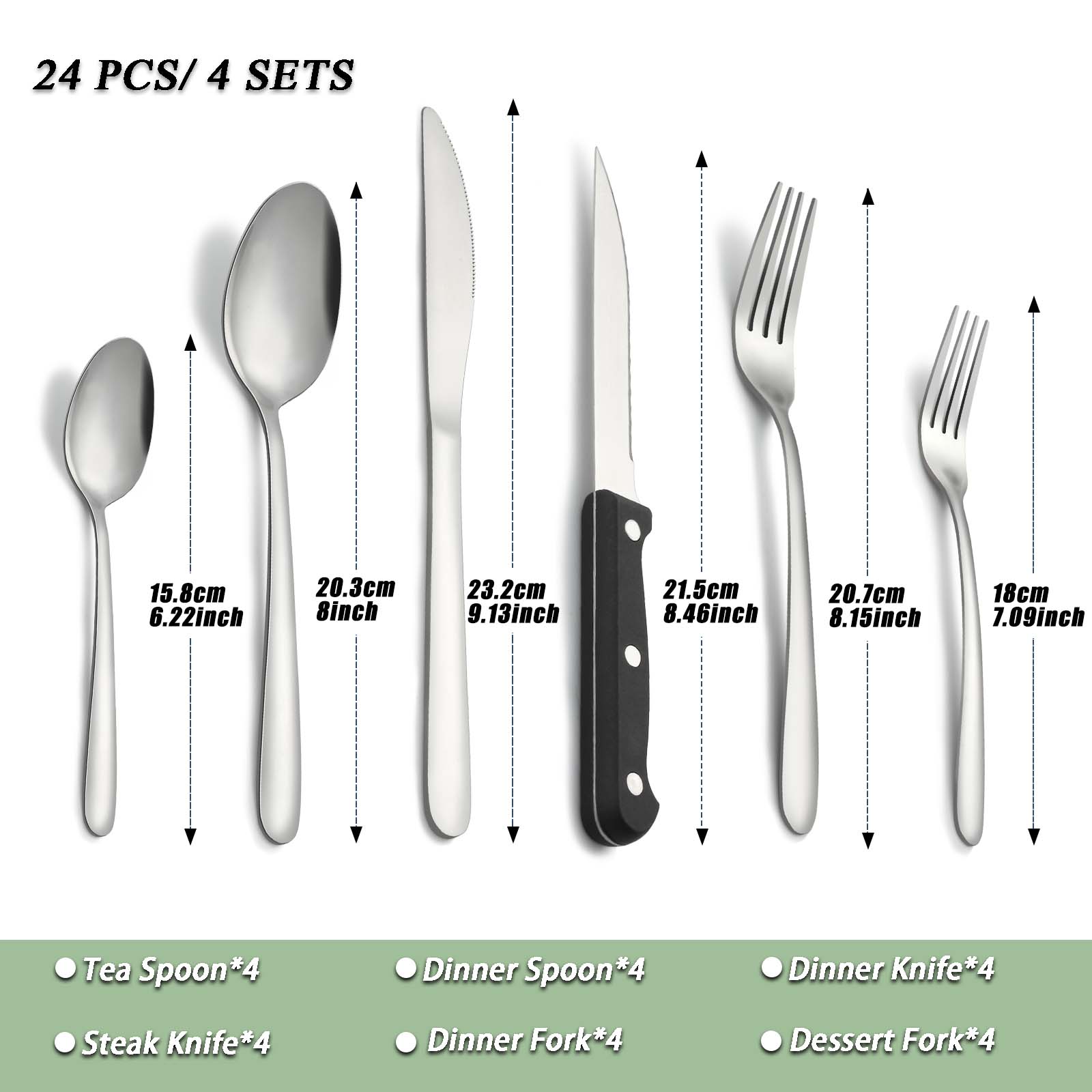 Bestdin 24-Piece Stainless Steel Flatware Set with Steak Knives photo 2