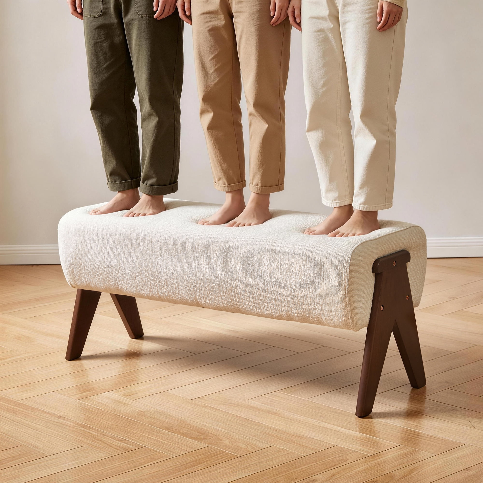 Leumius Chenille Bench,Modern Upholstered with Ergonomic Padded and Solid Wood Legs,Ottoman Bench for Foyer Bedroom Living Space,Entry,White