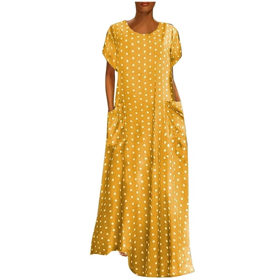 YUNAFFT Summer Dresses for Women Women Plus Size Loose Short Sleeve Holiday Pockets Polka Dot Print Maxi Dresses Discount
