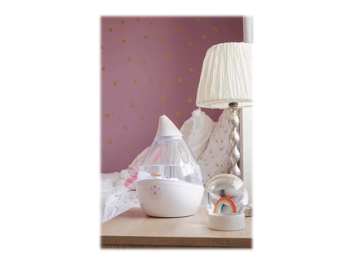 Crane Droplet Ultrasonic Cool Mist Humidifier, 0.5 Gallon, 15 Hour Run Time, Optional Vapor Tray, 250 Sq. Ft. Coverage, Clear/White