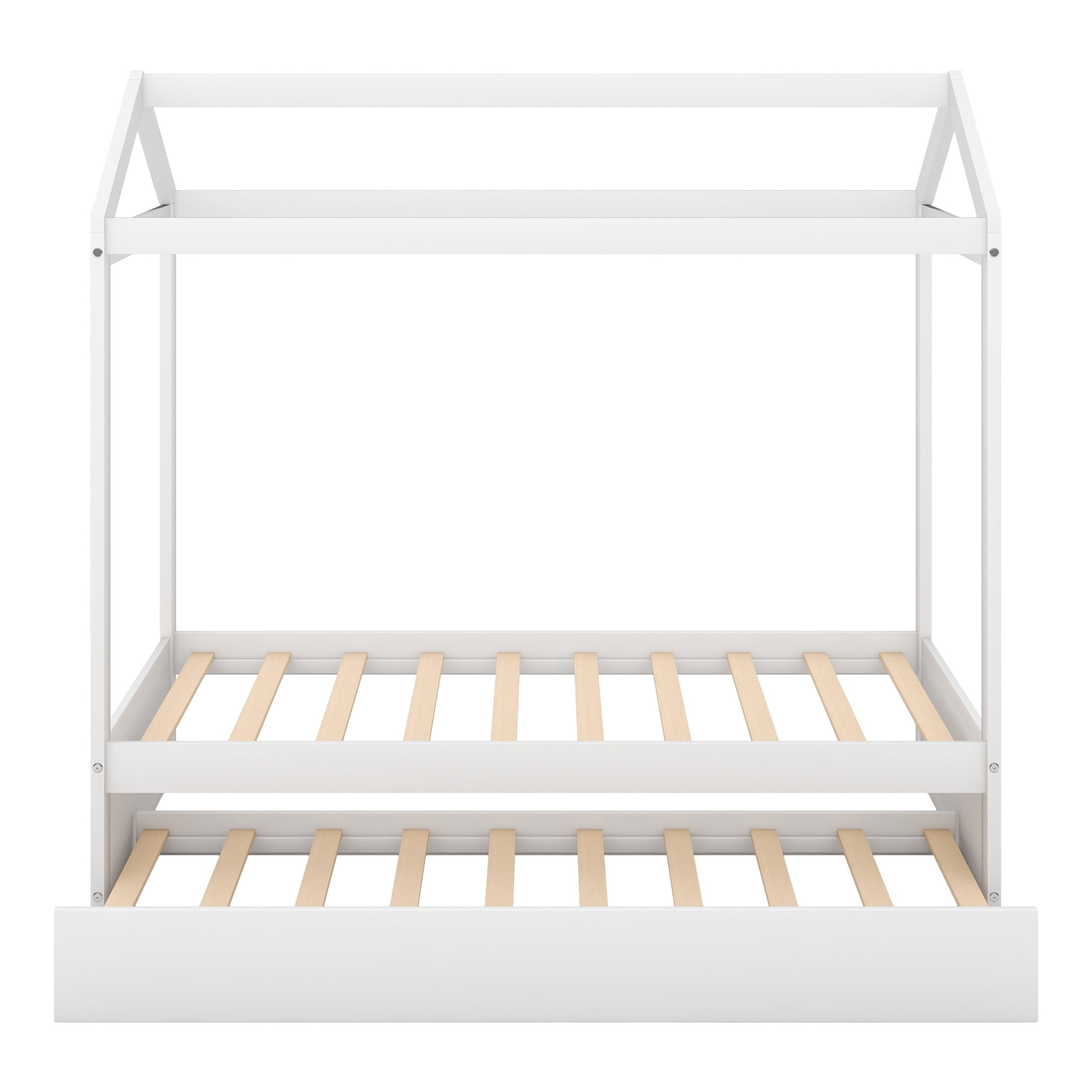 Noble House Lira Twin House Bed with Rolling Trundle, Customizable Pine Wood Frame, Space Saving, White
