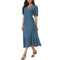 thumbnail image 4 of INSPIRE CHIC Robe Bohème pour Femme à Volants Manches Courtes Col en V Pois Suisses Robe Midi à Étages Robe de Plage Smockée Bleu m, 4 of 5