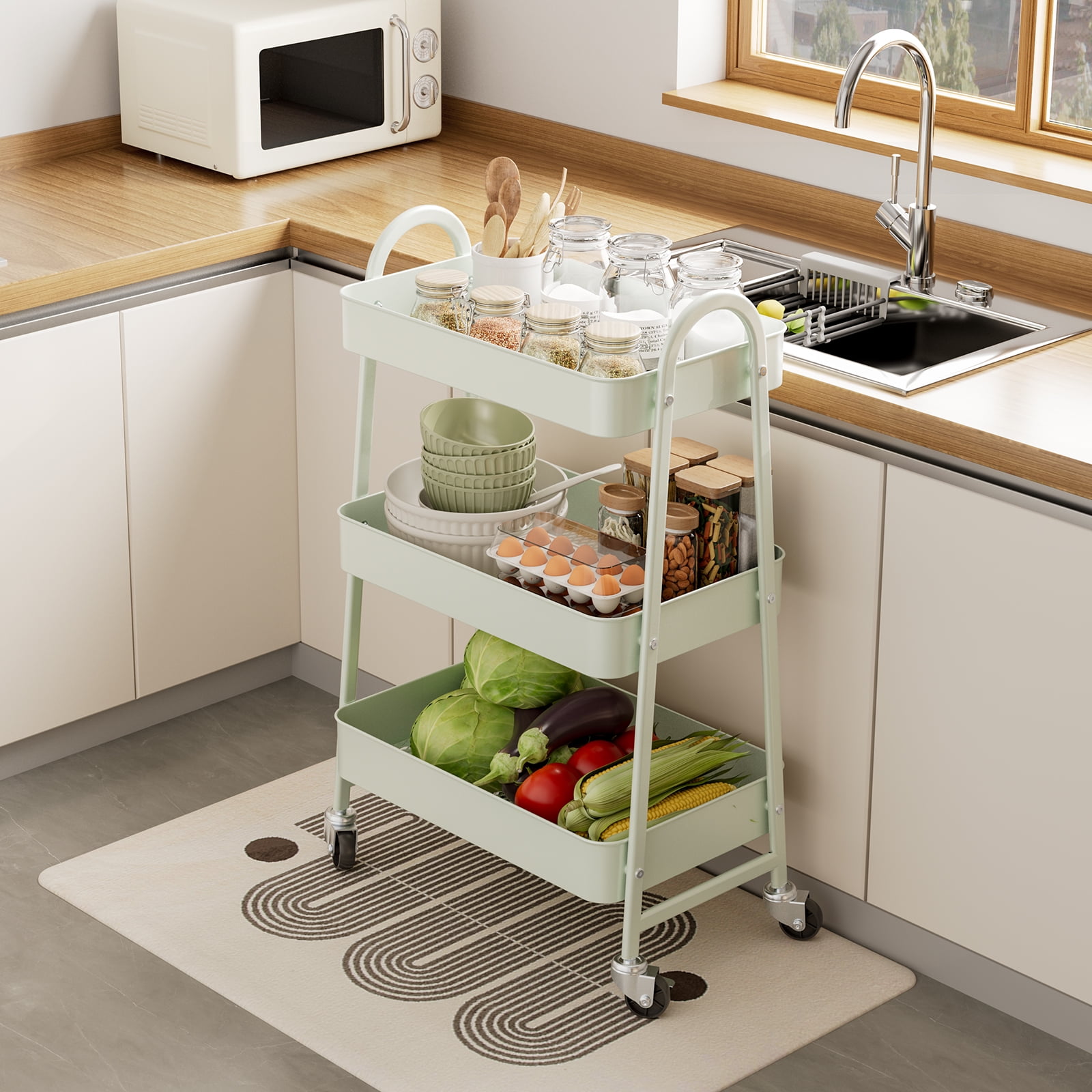 GIANNA 3 Tier Rolling Cart Organizer, Plastic Rolling Cart with Lockable Wheels & Reinforced Handle, Lightweight Utility Cart Storage Cart for Nursery, Kitchen, Bathroom, Craft Room