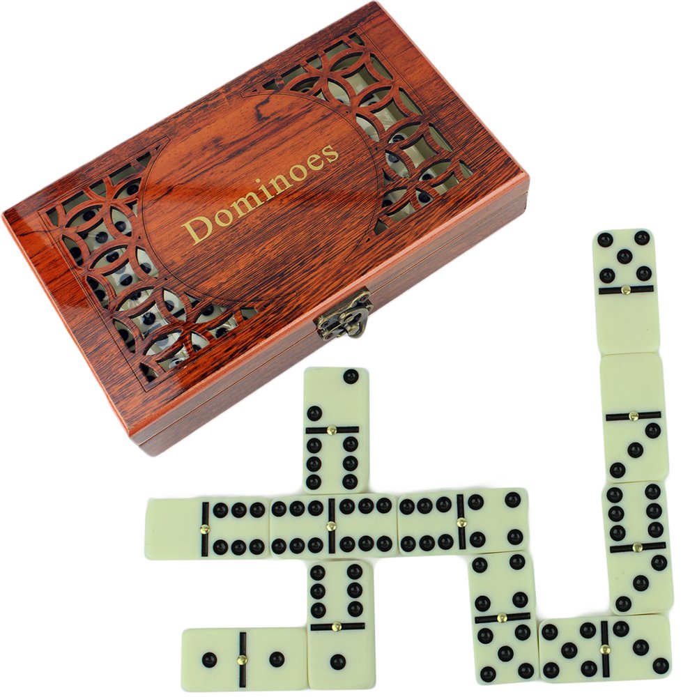 Double Six Dominoes Set of 28 w/ Brass Spinners in Felt Lined Wooden