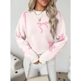 thumbnail image 6 of Women's Crew Neck Bow Jacquard Knit Sweater, Drop Shoulder Long Sleeve Loose Pullover Top for Christmas Holiday, 6 of 7