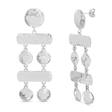 Bliss Women's Hammered Circle Bar Drop Down Post Earrings in Rhodium Plated Sterling Silver