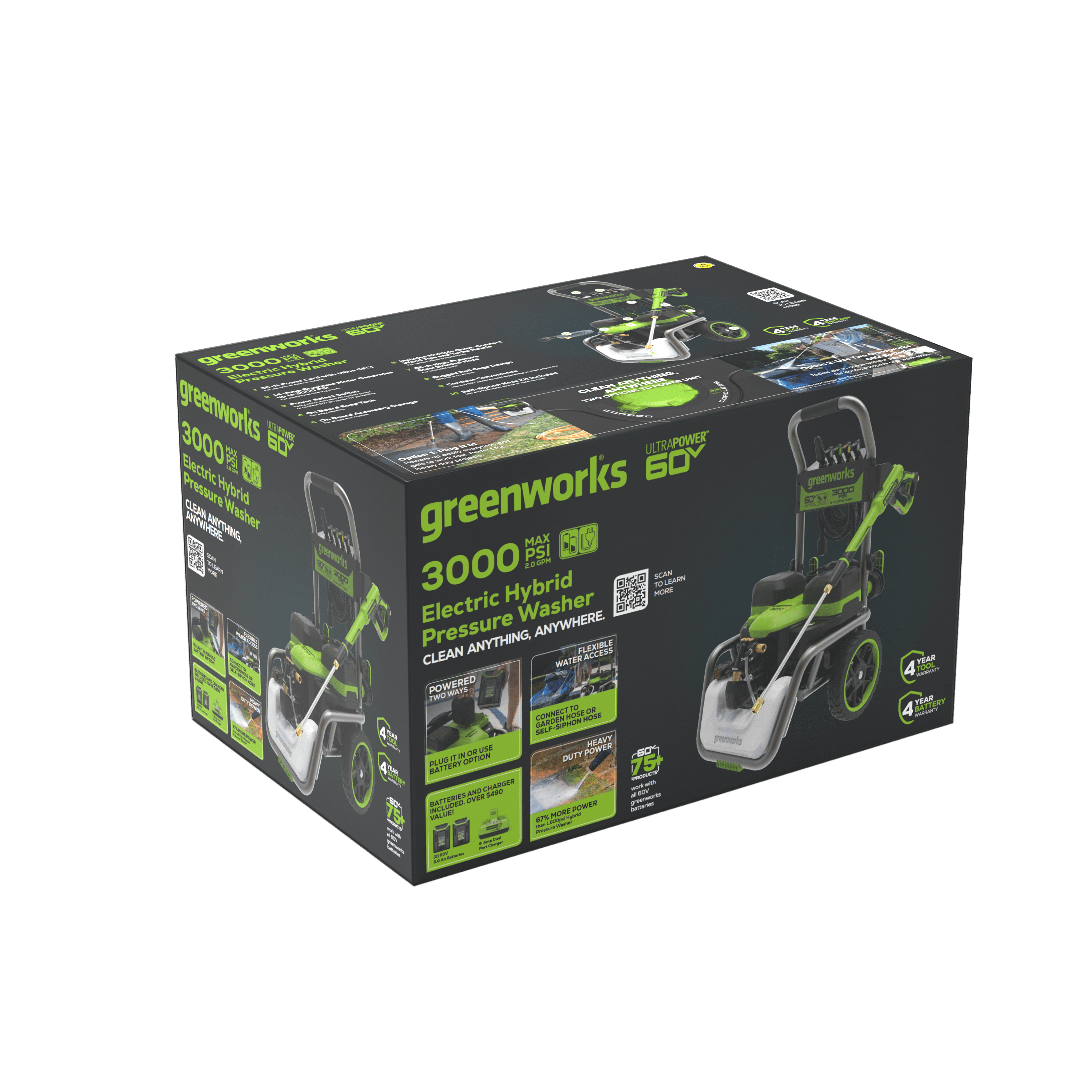 Greenworks Hybrid 60V 3000 MAX PSI at 2.0 GPM MAX Electric Pressure Washer + (2) 5.0Ah Batteries & Dual-Port Charger 5128202