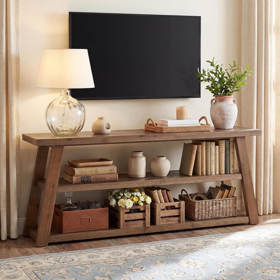 Finmind 63" Solid Wood TV Stand, 3-Tier Farmhouse Entertainment Center with Open Shelves for TVs up to 70", Rustic
