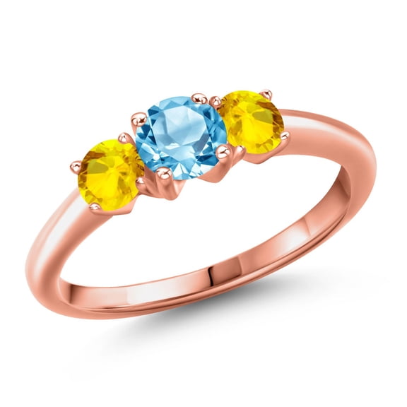 Gem Stone King 18K Rose Gold Plated Silver Swiss Blue Topaz and Yellow Sapphire Engagement Ring for Women | 1.37 Cttw | Round 5MM | Gemstone November Birthstone | Size 8