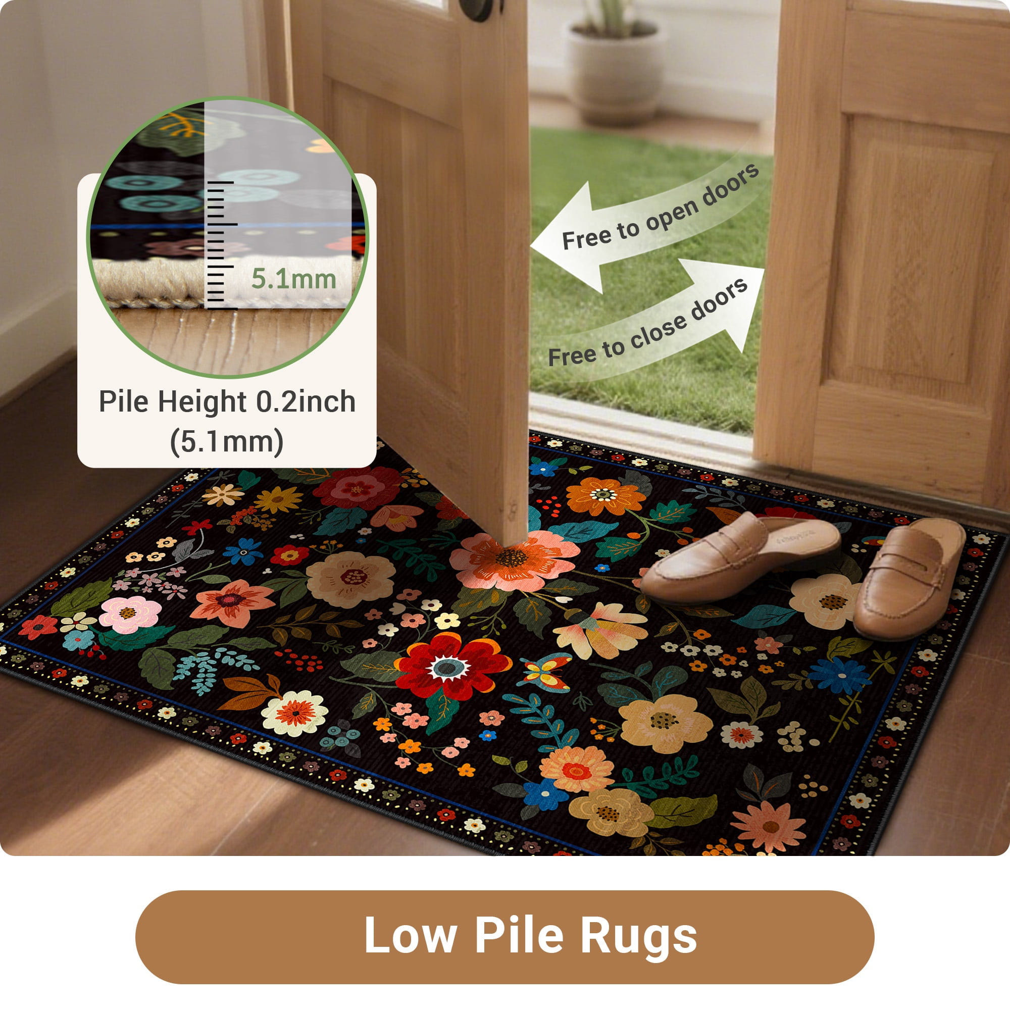 NewBuros 5'x7' Area Rugs, Boho Non Slip Washable Rugs for Living Room, Stain Resistant Soft Low Pile Indoor Floral Carpet for Bedroom Dining Room Office, Black