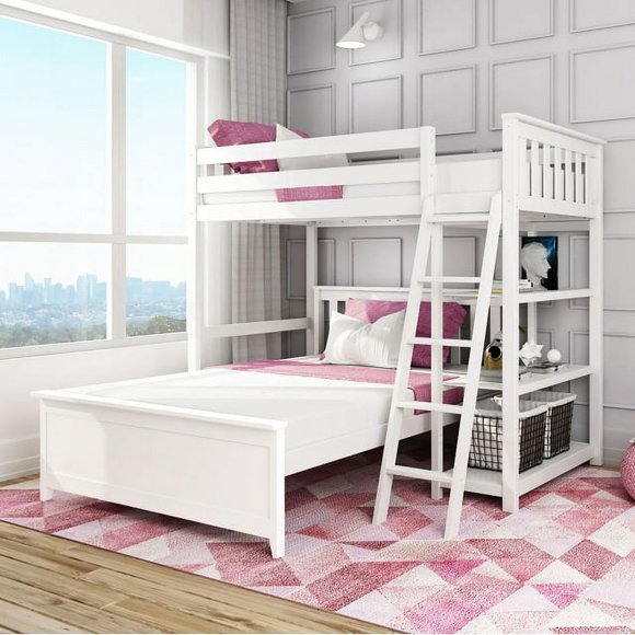 Max & Lily Wooden L-Shaped Twin over Full Bunk Bed with Bookcase for Kids, Grey