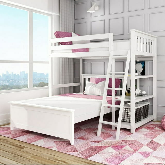 Max & Lily Lit Superposé en L en Bois, Simple sur Double, avec Bibliothèque pour Enfants, Gris