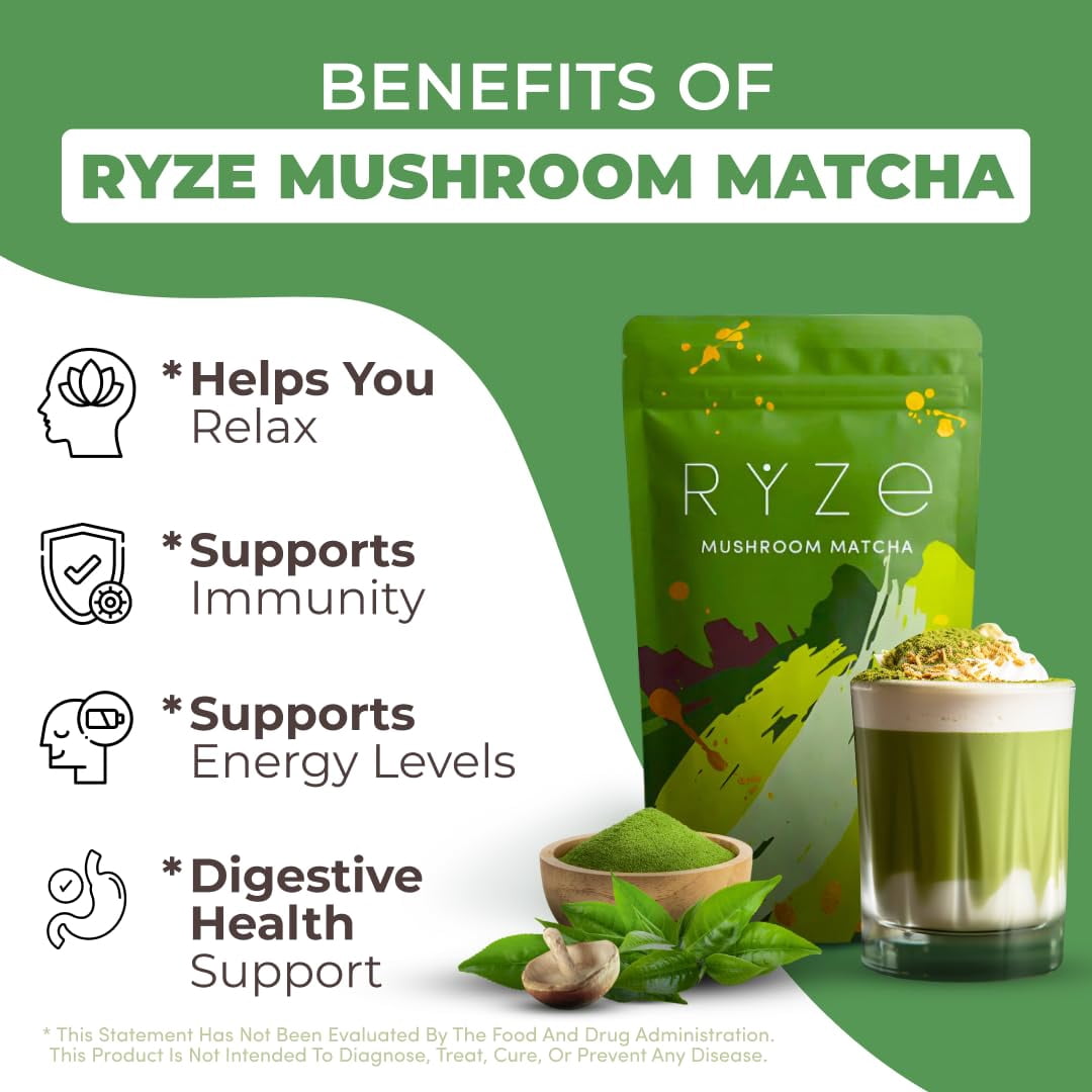 RYZE Mushroom Matcha USDA Organic with 6 Adaptogenic Mushrooms for Energy, Focus, Digestion, Immunity with Turkey Tail, Lions Mane, Reishi, 30 Serving