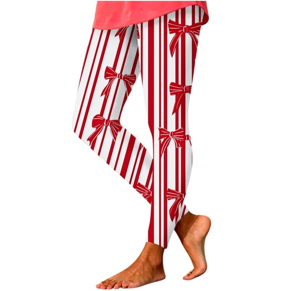 Jjayotai Womens Christmas Leggings High Waisted Yoga Pants Stretchy Full Length Candy Cane Bow Workout Holiday Party Everyday Wear Tights