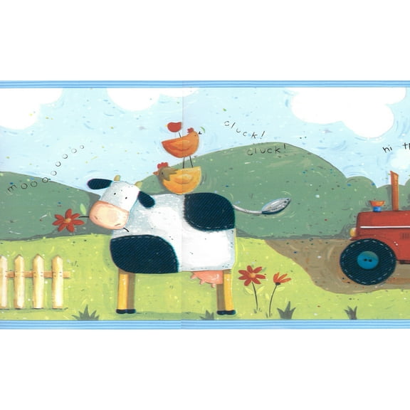 Dundee Deco Prepasted Wallpaper Border - Kids Blue, Green, White Toy Farm Animals, 15 ft x 7 in